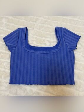 Offline by Aerie Small Blue Crop Ribbed Top Short Sleeve Ruffle Stripe Going Out